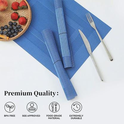Leetaltree Blue Frame Placemats Set of 6 - Heat Resistant Non-Slip Place mats for Dining Table, Washable Durable PVC Vinyl Woven Table Mats（Blue Frame, 6）