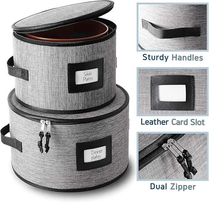 Fine China Hard Shell Dish Organizer - 5 Piece Stackable Mug and Plate Storage Containers with Dividers for Moving and Seasonal Storage, Grey