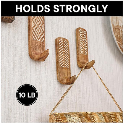 Indian Shelf Boho Decorative Wood Adhesive Wall Hooks for Hanging Coats, Keys, Leash, Hat, Towel Holder, Cute Sticky Key Holder, Brown and White Western Wall Décor (6 Hooks 12 Strips)