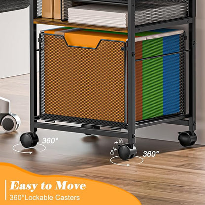 5-Tier Rolling File Cart Under Desk with Drawers, File Cabinet Organizer for Hanging File Folders, Letter-Size File Storage with Wheels, Multi-Layer Mobile Filing Cabinet for Under Desk Storage