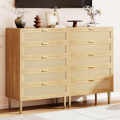 IDEALHOUSE Rattan 5 Drawer Dresser, 44''Tall Narrow Chest of Drawer, Farmhouse Wooden Vertical Dresser with Metal Legs and Handles, Modern Cabinet for Bedroom, Living Room, Oak