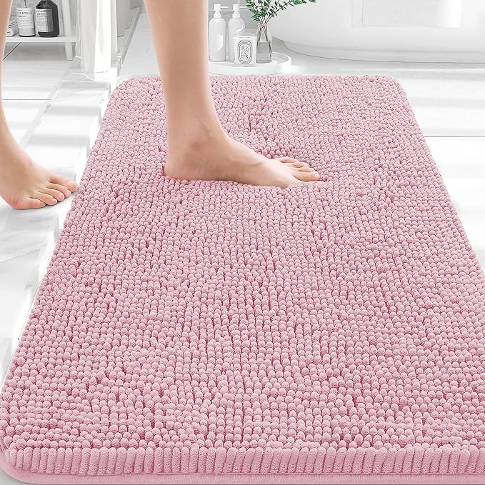 OLANLY Bathroom Rugs 30x18, Extra Soft Absorbent Chenille Bath Rugs, Rubber Backing Quick Dry, Machine Washable Bath Mats for Bathroom Floor, Tub and Shower, Home Decor Accessories, Dusty Rose