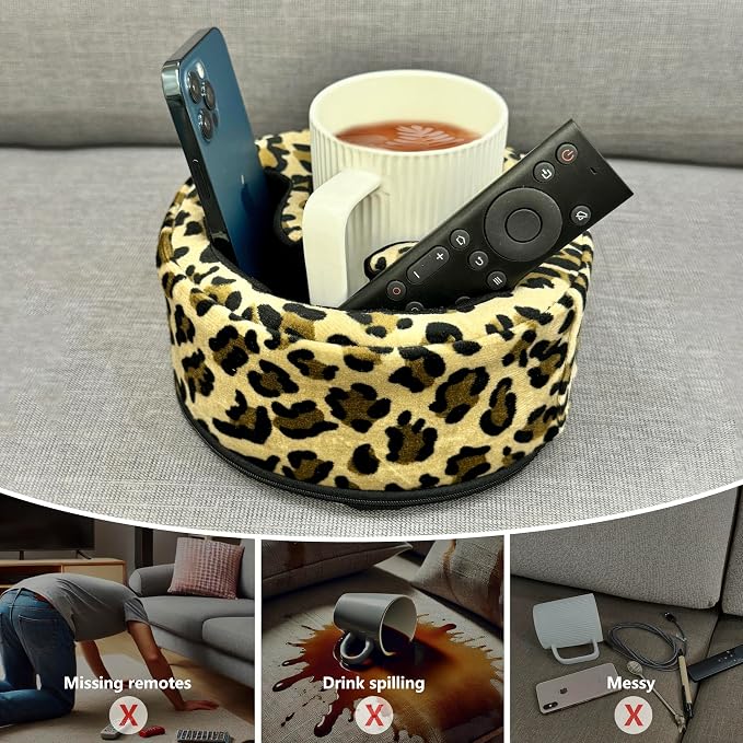 Xchouxer Couch Cup Holder Pillow, Sofa and Bed Organizer Caddy for Drinks, Remotes, Phones (Leopard)