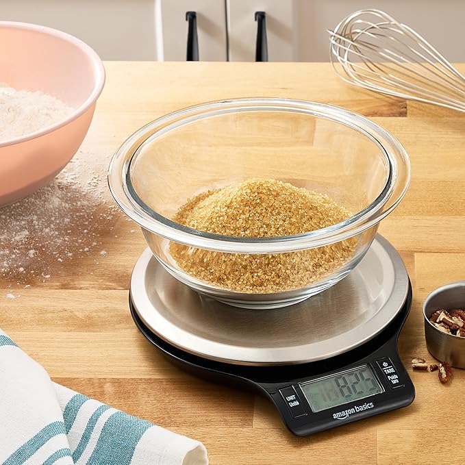Amazon Basics Digital Kitchen Scale with LCD Display, Tare Function, Multiple Units, Weighs up to 11 Pounds, Batteries Included, Black and Stainless Steel
