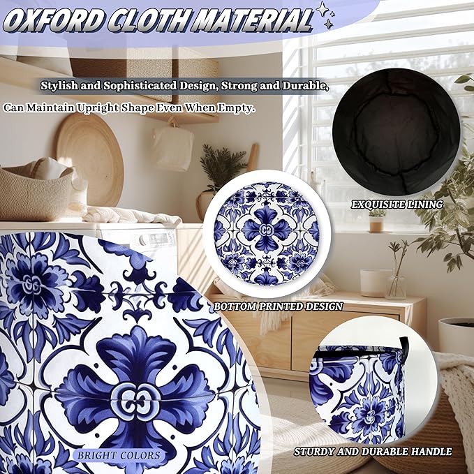 Blue and White Mexican Tile Laundry Basket Oxford Cloth Foldable Boho Laundry Hamper With Handle Portable Clothes Storage Organizer Basket 18.9x16.5 Inch Laundry Bag For Laundry Room/Bedroom/Bathroom