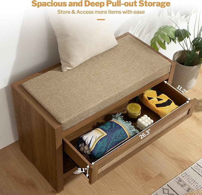 SICOTAS Rattan Shoe Bench Entryway Bench with Storage Drawer and Linen Seat Cushion, Farmhouse Boho Shoe Rack with Shelf, Wooden Storage Bench for Entryway Hallway and Bedroom, Caramel Oak, 2PCS