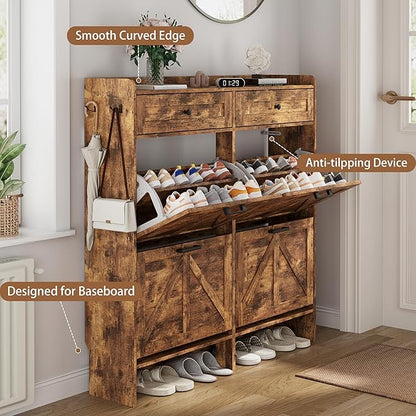 Shoe Cabinet with 4 Flip Drawers & 2 Top Drawers, 43" Tall Freestanding Narrow Wooden Shoe Storage Organizer for Entryway, Hidden Slim Shoe Rack for Front Door Entrance, Hallway, Living Room, Brown