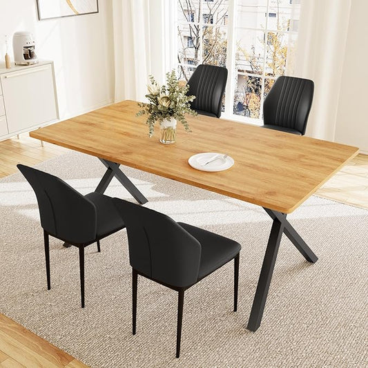 HIPIHOM 5-Piece Dining Table Set for 4-6 People, 63" MDF Kitchen Table with 4 Upholstered Chairs, Metal Legs for Dining Room, Kitchen(Oak Table+4 Black Chairs)