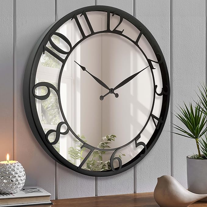 CLXEAST 21 Inch Mirrored Glass Wall Clock Decorative, Large Black Arabic Numeral Wall Clocks for Modern Farmhouse Living Room Decor,Reloj De Pared para Sala
