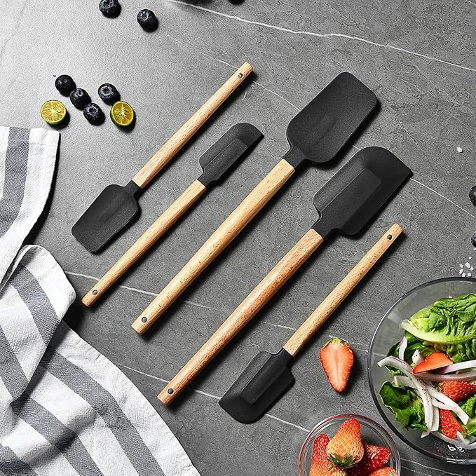 2016 New Year Healthy Cooking, 5 Pieces Silicone Scraper Set - Non-Stick Kitchen Scraper Tools, Heat Resistant up to 600°F, Food Grade Baking Utensils, for Cooking, Stirring, Piping - Black