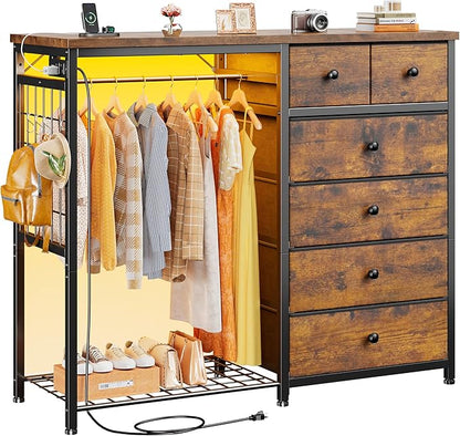 EnHomee 49.2" W Dresser with Hanging Rack & 6 Fabric Drawers – Wooden Top Organize Unit Featuring LED Lights, Charging Station & Grid Panel & Hooks for Bedroom, Rustic Brown