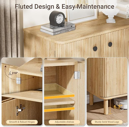 Fluted Sideboard Cabinet, Modern Buffet Cabinet, Storage Cabinet with Adjustable Shelves & Solid Wood Legs, Accent Credenza Sideboard for Kitchen, Coffee Bar, Living Room, Entryway, Hallway