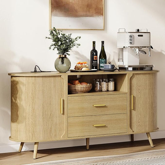 60" Sideboard Buffet Cabinet with Storage, Sliding Door & Adjustable Shelf, Modern Credenza with 2 Drawer, Accent Sideboard Coffee Bar Console Table for Kitchen, Entryway and Living Room