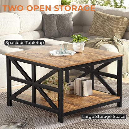 GreenForest Modern Living Room Coffee Table with 2 Tier Storage, Small Square Wood and Metal Farmhouse Center Table with Seamless One-Piece Tabletop, 27.55 Inch, Walnut