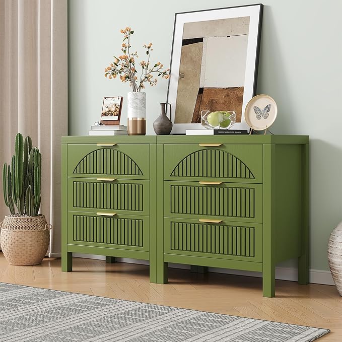 6 Drawer Dresser, Farmhouse Fluted Chest of Drawers, Wooden End Table, Mid- Century Modern Bedroom Nightstand Side Table for Bedrooms, Closets, Hallways, and Entryways, Green X2
