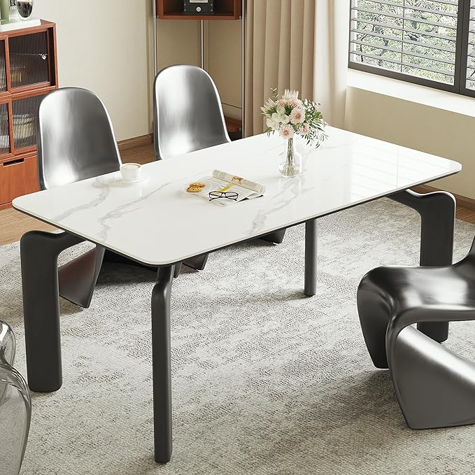 59'' Modern Dining Table, Sintered Stone Kitchen Table, Rectangular Slate Patio Table with Metal Legs, Indoor-Outdoor, Backyard, Scratch and Heat Resistant