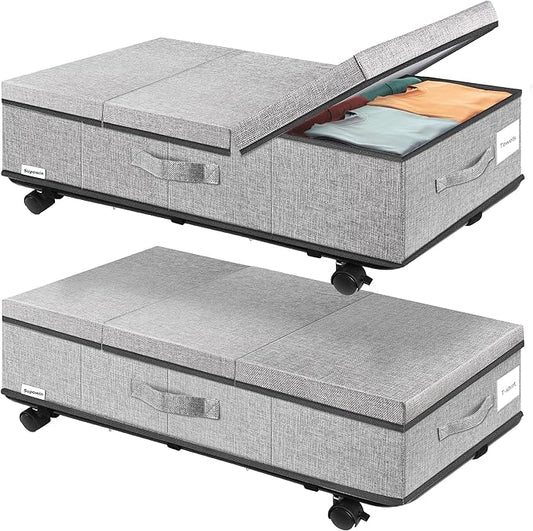 Supowin Under Bed Storage with Wheels, Rolling Underbed Storage Containers with Lids, Under Bed Shoe Storage Bins Organizer with Reinforced Metal Bottom Support and Three Handles