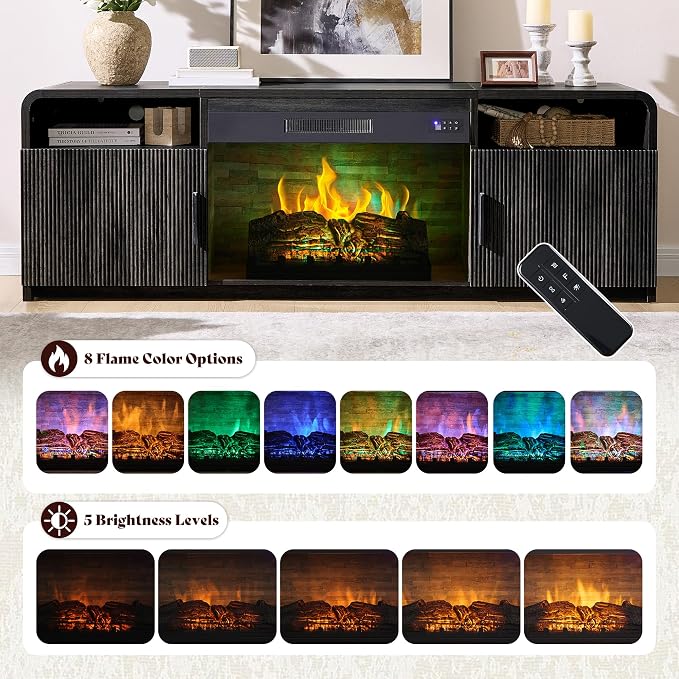 AMERLIFE 70" Fluted Fireplace TV Stand for TVs Up to 80", Modern TV Console with 30" Electric Fireplace & Storage Cabinets, Media Entertainment Center for Living Room, Black