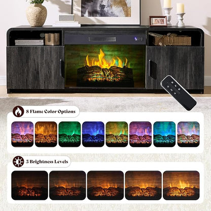 AMERLIFE 70" Fluted Fireplace TV Stand for TVs Up to 80", Modern TV Console with 30" Electric Fireplace & Storage Cabinets, Media Entertainment Center for Living Room, Black