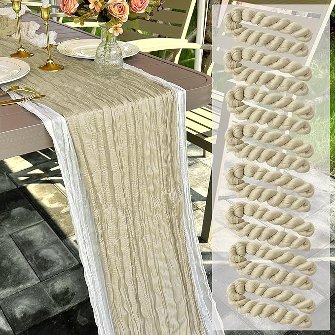 8 Pack Champagne Cheesecloth Table Runner 22 x 108 inch Cream Gauze Cheese Cloth Table Runner Bulk for Rustic Wedding Baby Shower Birthday Party Boho Table Decor
