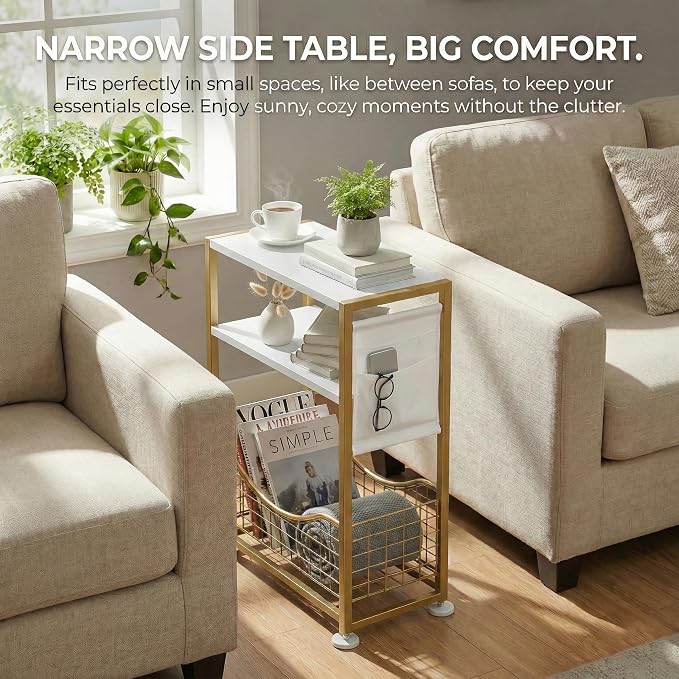 Skinny Side Table with Storage, 3 Tier Slim Side Tables for Small Spaces, Skinny End Table Narrow Bedside Table Narrow Side Table for Living Room, Bedroom