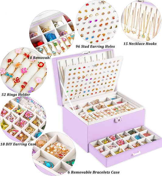 QBestry Earrings Jewelry Box for Girls, 5 Layers Jewelry Organizer with Earring Holder Organizer for Girls Earring Organizer Jewelry Boxes for Women Earrings and Necklaces Jewelry Box Organizer Violet