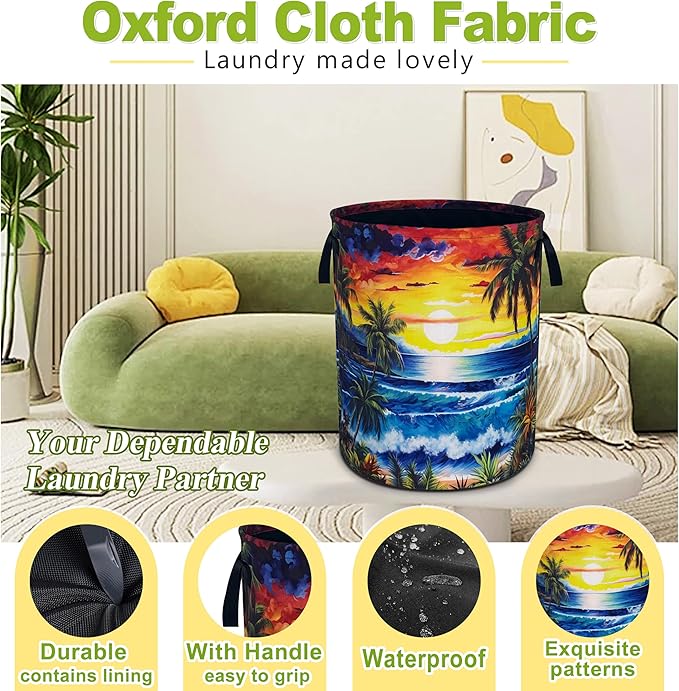Ocean Waves Laundry Basket Funny Hawaii Sunset Foldable Waterproof Oxford Cloth Tote Bag Laundry Hamper Large Clothes Storage Bucket Toy Organizer For Bathroom/Laundry Storage/Bedroom 18.9x16.5 Inch