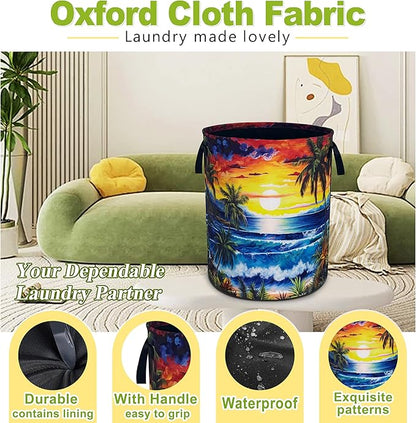 Ocean Waves Laundry Basket Funny Hawaii Sunset Foldable Waterproof Oxford Cloth Tote Bag Laundry Hamper Large Clothes Storage Bucket Toy Organizer For Bathroom/Laundry Storage/Bedroom 18.9x16.5 Inch