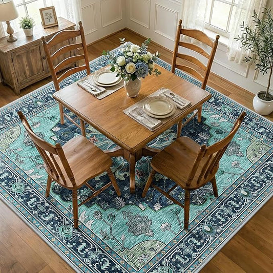 RELEANY Area Rugs Square 8ft Washable Non-Slip, Floral Vintage Distress Medallion Carpet for Living Room Bedroom Dining Room, Teal Green Lake Blue Turquoise