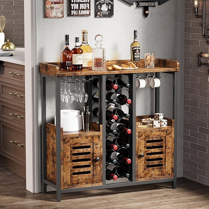 IRONCK Bar Cabinet, Liquor Cabinet Bar with Storage, Small Wine Bar Cabinet with Wine Glass Holder, Industrial Coffee Bar for Home, Kitchen, Dining Room