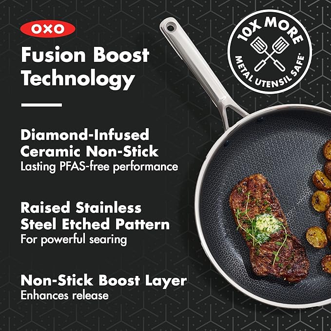 OXO Hybrid 12” Nonstick Stainless Steel Frying Pan, PFAS-Free Ceramic Skillet, Fusion Boost Tech for Powerful Searing, Induction & All Cooktop Compatible, Dishwasher Safe, Mirror Polished Tri-Ply