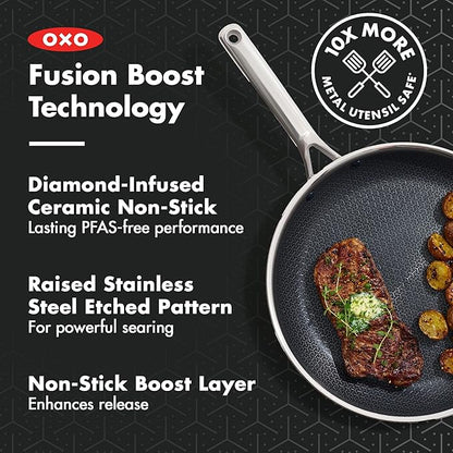 OXO Hybrid 12” Nonstick Stainless Steel Frying Pan, PFAS-Free Ceramic Skillet, Fusion Boost Tech for Powerful Searing, Induction & All Cooktop Compatible, Dishwasher Safe, Mirror Polished Tri-Ply