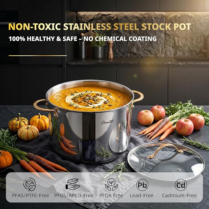 Ciwete Stock Pot 20 Quart, 3 Ply Stainless Steel Stock Pot with Lid, 20 Quart Soup Pot with Copper Handle, Healthy Stockpots, Induction, Oven, Gas and Dishwasher Safe