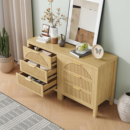 6 Drawer Dresser, Farmhouse Fluted Chest of Drawers, Wooden End Table, Mid- Century Modern Bedroom Nightstand Side Table for Bedrooms, Closets, Hallways, and Entryways, Natural X2