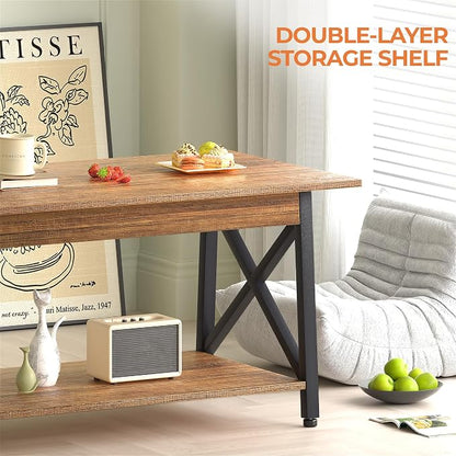 GreenForest Coffee Table with Storage, 39 inch Modern 2-Tier Coffee Tables for Living Room, X-Frame Design Farmhouse Coffee Table Space Saving Living Room Tables, Easy Assembly, Walnut