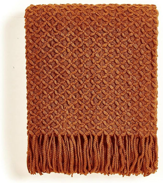 CREVENT Farmhouse Boho Knitted Throw Blanket for Couch Sofa Chair Bed Home Decoration, Soft Warm Cozy Light Weight for Spring Summer Fall (60''X80'' Caramel/Rust Burnt Orange)