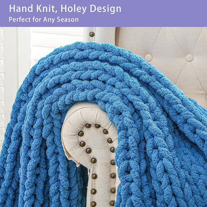 Bigacogo Chunky Knit Throw Blanket for Couch, 40x60 inches, 100% Hand Knitted with Thick Jumbo Chenille Yarn, Cozy Soft Large Rope Knot Cable Crochet Blankets for Sofa Bed Living Room, Bright Blue
