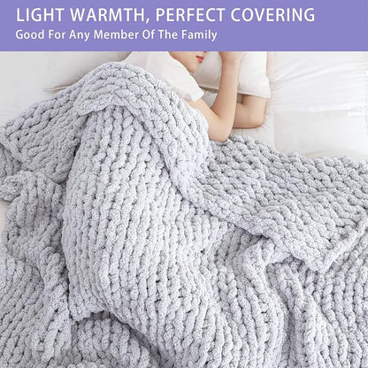 Bigacogo Chunky Knit Throw Blanket for Couch, 80x90 inches, 100% Hand Knitted with Thick Jumbo Chenille Yarn, Cozy Soft Large Rope Knot Cable Crochet Blankets for Sofa Bed Living Room, Light Grey