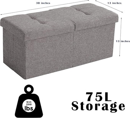 CUYOCA Storage Ottoman Bench Foldable Seat Footrest End of Bed Ottoman with Flipping Lid for Living Room, 75L, 30 inches Linen Fabric Grey