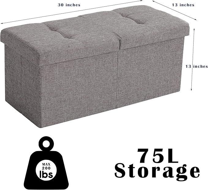 CUYOCA Storage Ottoman Bench Foldable Seat Footrest End of Bed Ottoman with Flipping Lid for Living Room, 75L, 30 inches Linen Fabric Beige