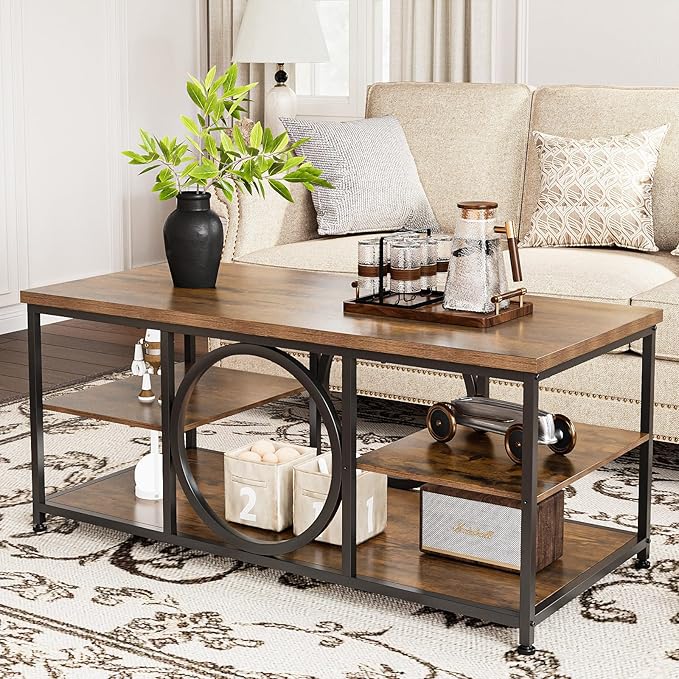 Coffee Table for Living Room 47" Center Table with Round Middle Design 3-Tier Farmhouse Style Rustic Wood Coffee Table with Storage Open Shelf Space Saving Easy Assembly
