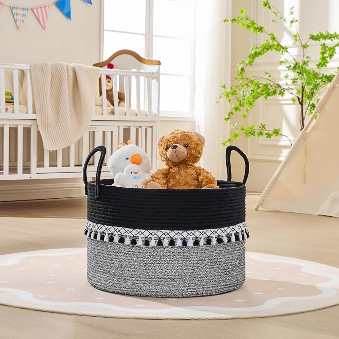 KAKAMAY Cotton Rope Storage Basket (20"x13"),Woven Hamper for Blankets,Toys,Pillows,Clothes,Laundry,Sturdy Handles Decorative Basket for Living Room, Bedroom,Nursery(Black Printing)