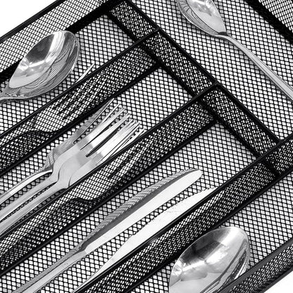 Neudeco Silverware Drawer Organizer, Black | 5 Compartment, Mesh Wire, Non-Slip Feet, Cutlery Tray
