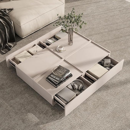 Coffee Table with Storage,Modern Center Table with 4 Hidden Drawers for Living Room,Rectangle Coffee Table for Home Furniture,Bedroom,Beige Gray
