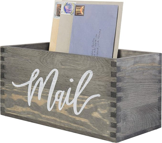 MyGift Mail Holder Storage Organizer Box Solid Wood with MAIL Script Design, Desktop Letters, Bills, Notes and Postcard Bin for Home Office Dorm Room (Vintage Gray)