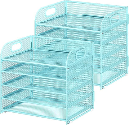 Cawukege 2 Pack 5 Tier Paper Organizer, Letter Tray with Handle, Mesh Desk Organizer, Metal File Organizer, Office Desk Accessories for Home, Office, Classroom, School -Blue