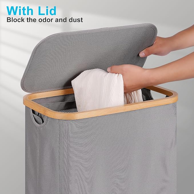 efluky Slim Laundry Basket with Wheels, Tall Rolling Laundry Hamper with Lid and Removable Bag, Aesthetic Dirty Clothes Hamper on Wheels for Laundry Room, Bedroom, Dorm and Bathroom,75L Grey