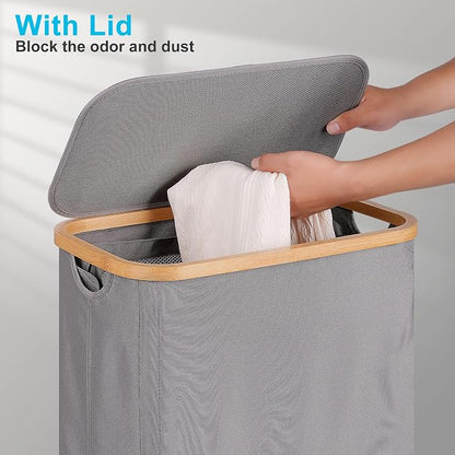 efluky Slim Laundry Basket with Wheels, Tall Rolling Laundry Hamper with Lid and Removable Bag, Aesthetic Dirty Clothes Hamper on Wheels for Laundry Room, Bedroom, Dorm and Bathroom,75L Grey