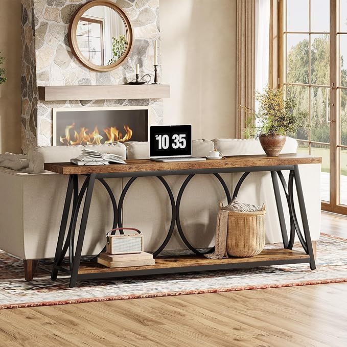 Tribesigns 71-Inch Long Entryway Console Table, 2 Tiers Industrial Narrow Sofa Table Behind The Couch with Storage Shelf and Metal Frame for Living Room, Entrance, Hallway, Brown & Black