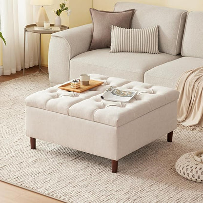 Weture 35 Inch Extra Large Storage Ottoman Coffee Table, No Assembly Required, Oversized Square Ottoman with Storage, Tufted Upholstered Ottomans Coffee Table for Living Room (Fabric, Beige)